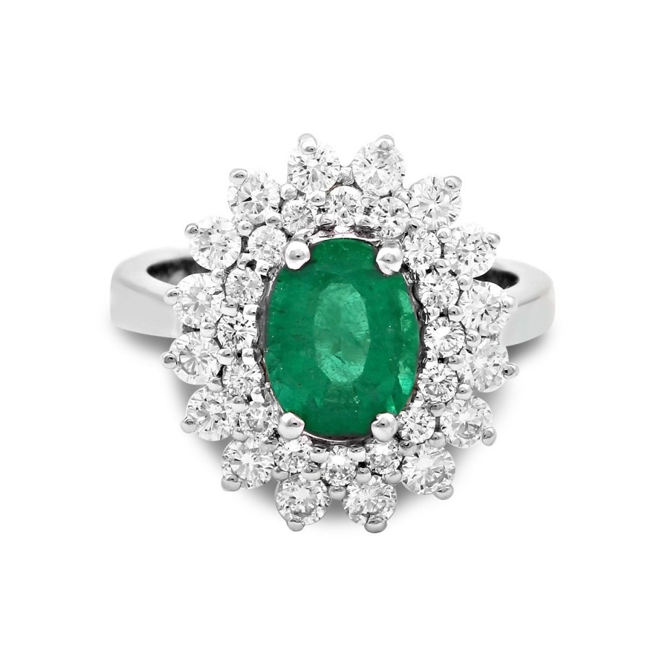 Кольцо из белого золота с бриллиантами и изумрудом (025442)