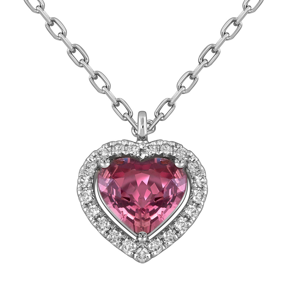 Колье из белого золота с бриллиантами и розовым турмалином Сердце (053788)