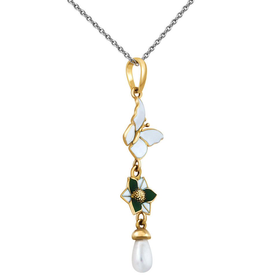 Кулон из жёлтого золота с жемчужиной и эмалью (012094)
