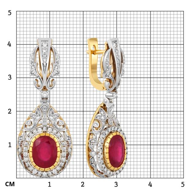 Серьги из комбинированного золота с бриллиантами и рубинами (039872)