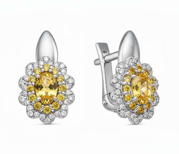 Серьги из белого золота с жёлтыми сапфирами и бриллиантами (063147)