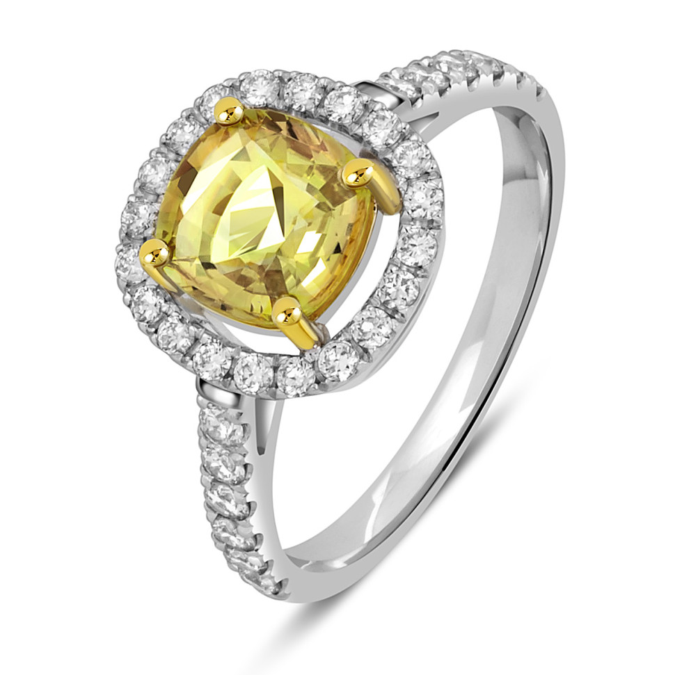 Кольцо из белого золота с бриллиантами и  жёлтым сапфиром (050538)