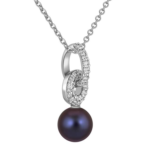 Кулон из белого золота с бриллиантами и  чёрной жемчужиной (049380)